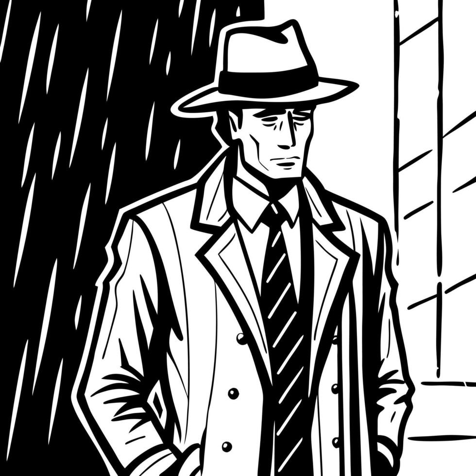 A man in a suit and hat standing in the rain vector