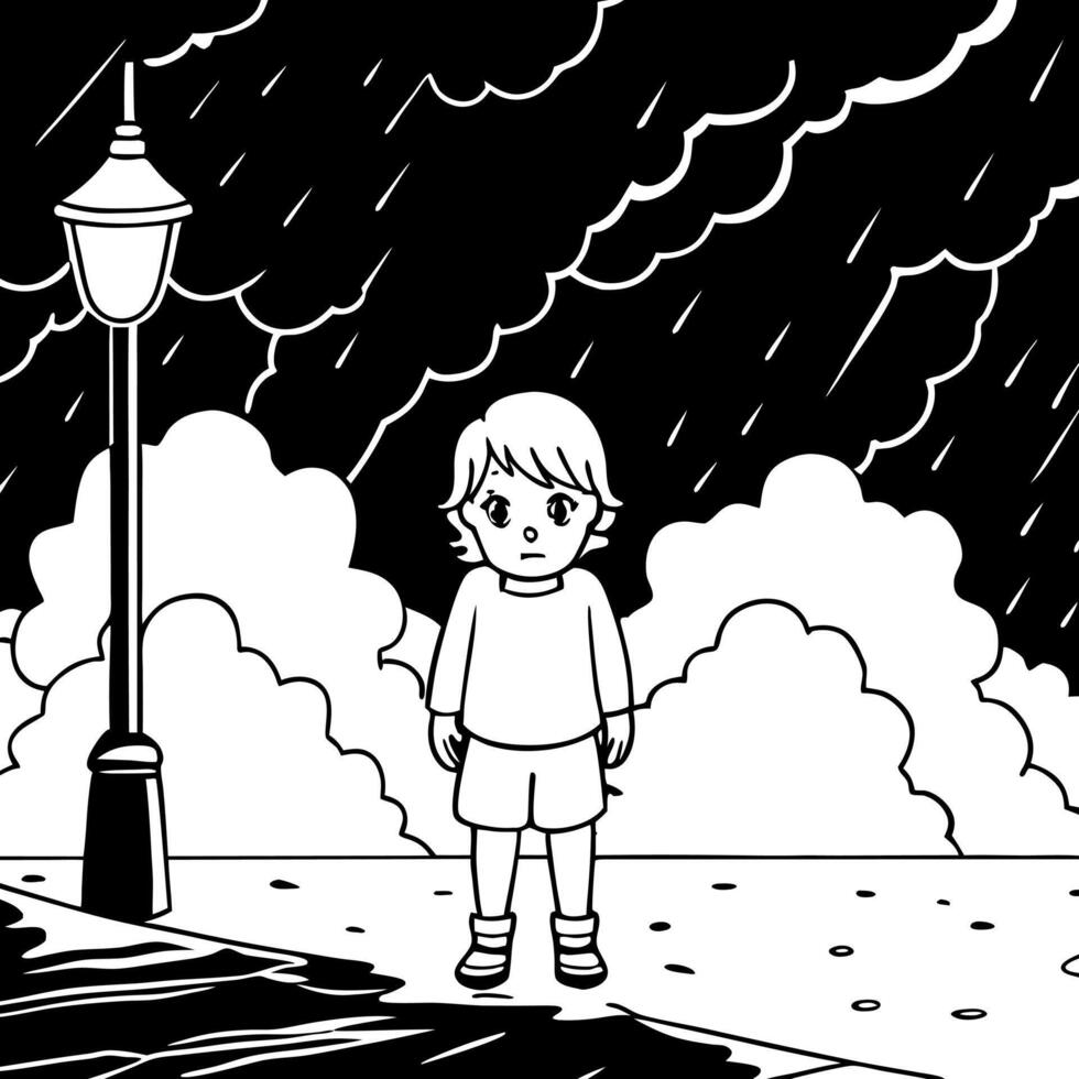 A boy standing in the rain under a street light vector