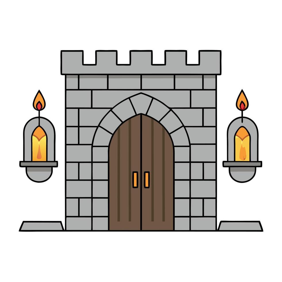 An illustration of a castle door with two candles vector