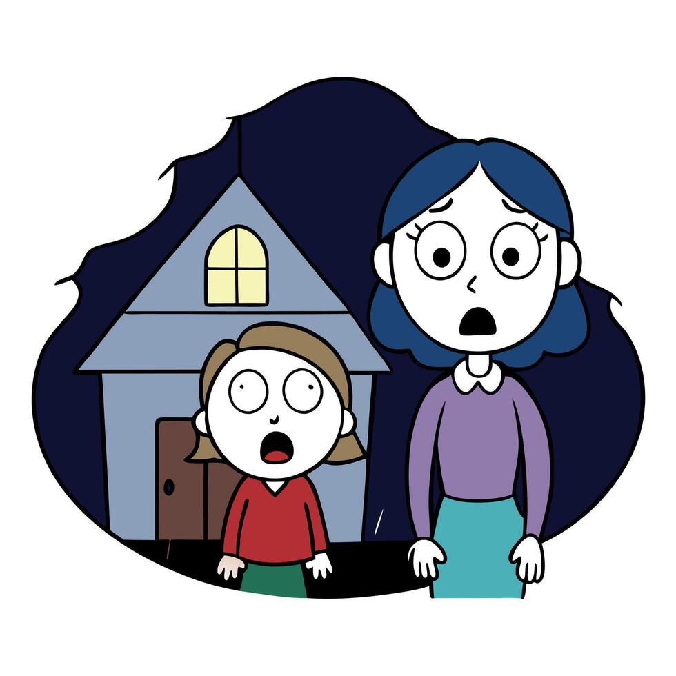 A cartoon woman and child standing in front of a house vector