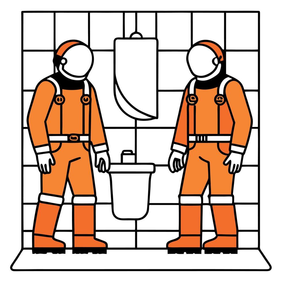 Two men in orange overalls standing next to a toilet vector