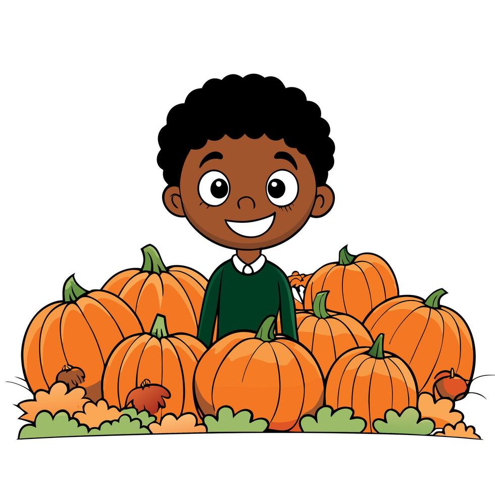 A boy is surrounded by pumpkins vector