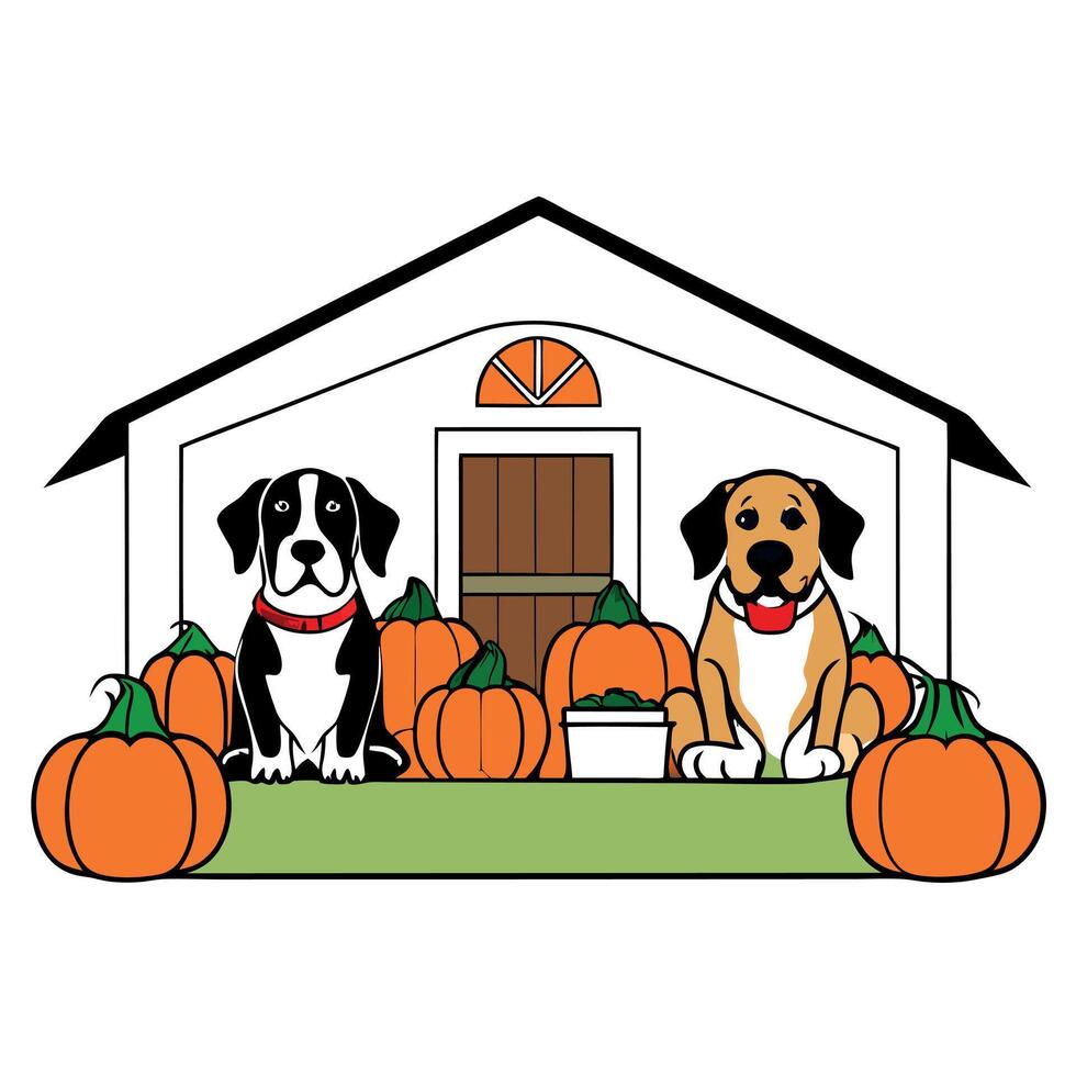 Two dogs sitting in front of a house with pumpkins vector