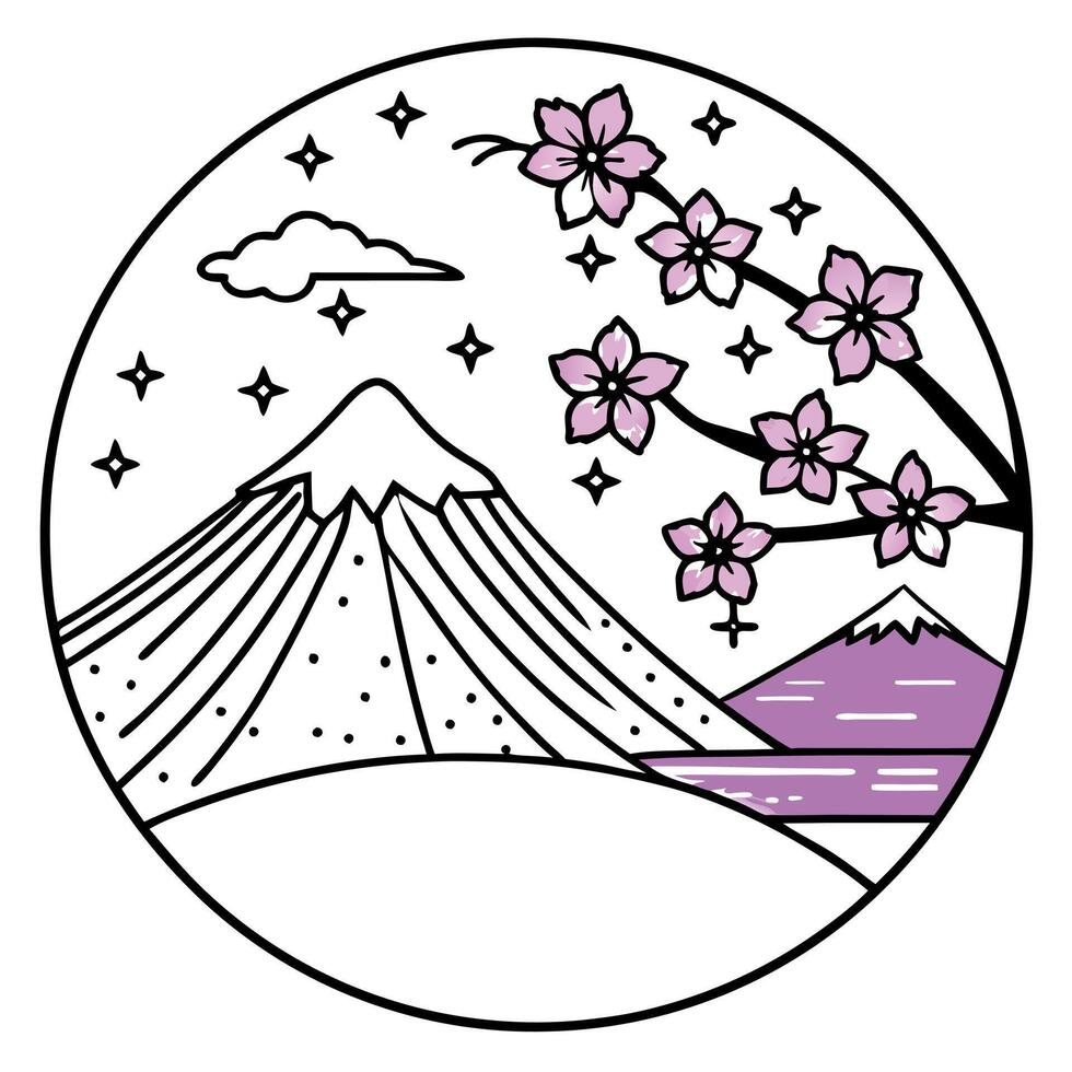 A circle with a mountain and flowers in it vector