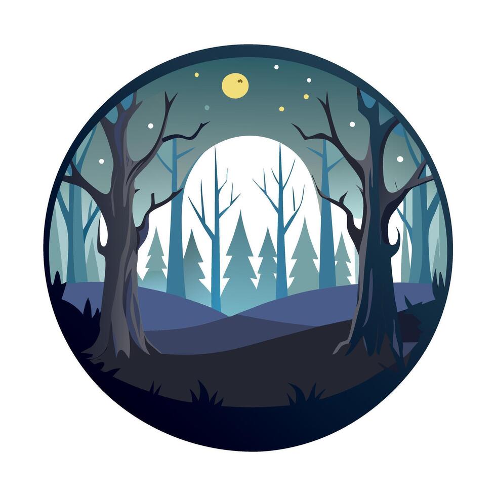 A forest scene with trees and moon vector