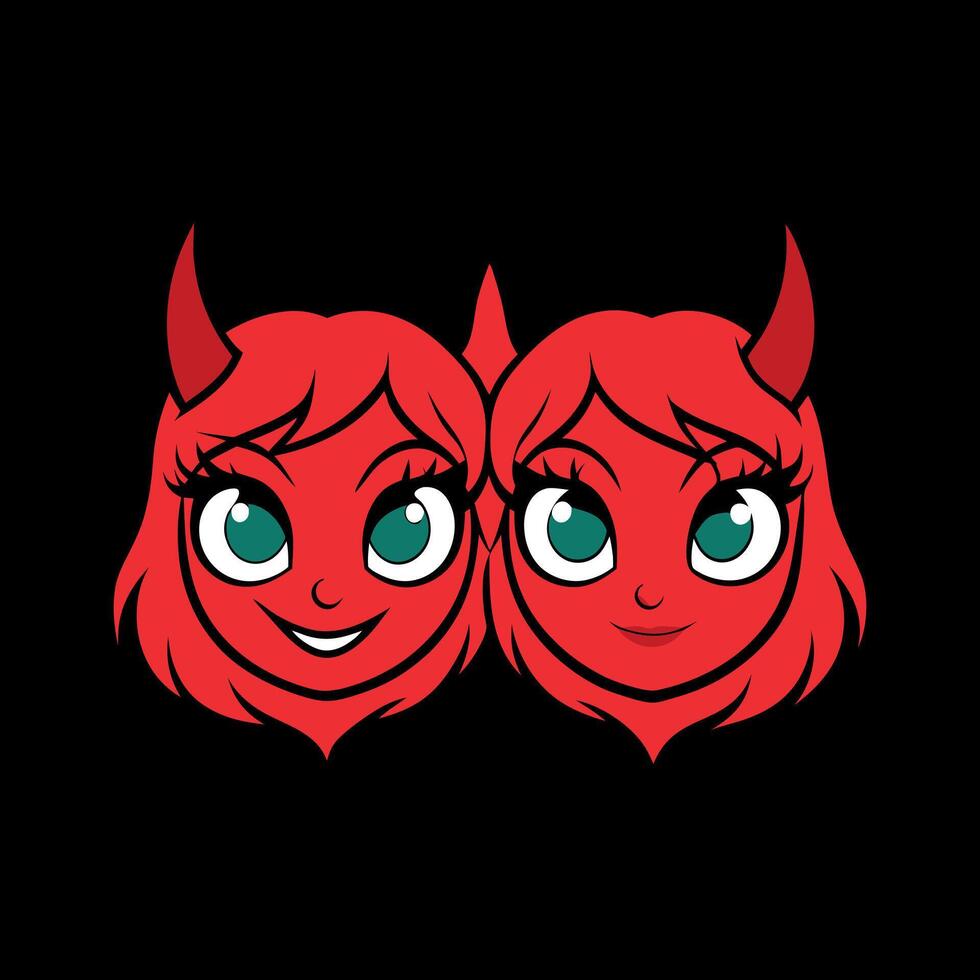 Two red devil heads with green eyes vector