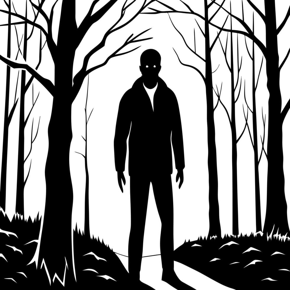 A man is walking through the woods in black and white vector