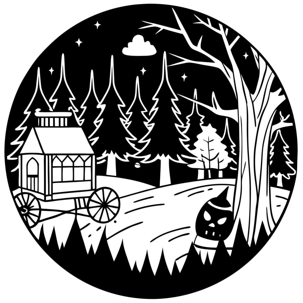 A black and white drawing of a house in the woods vector