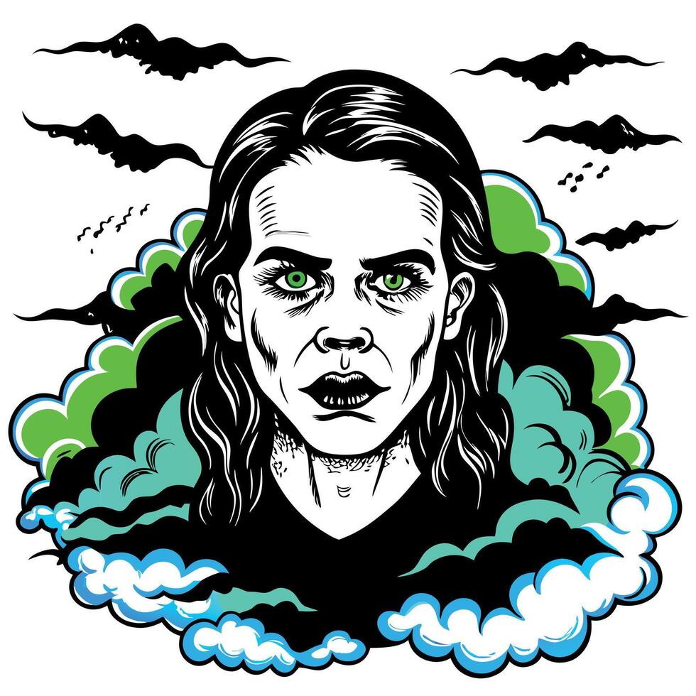 A woman with green eyes and a bat on her head vector