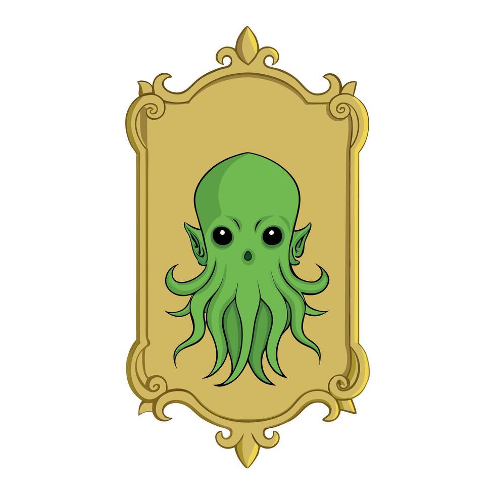 A green octopus in a gold frame vector
