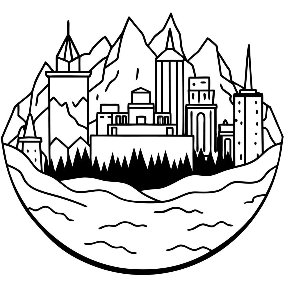A black and white drawing of a city in the mountains vector