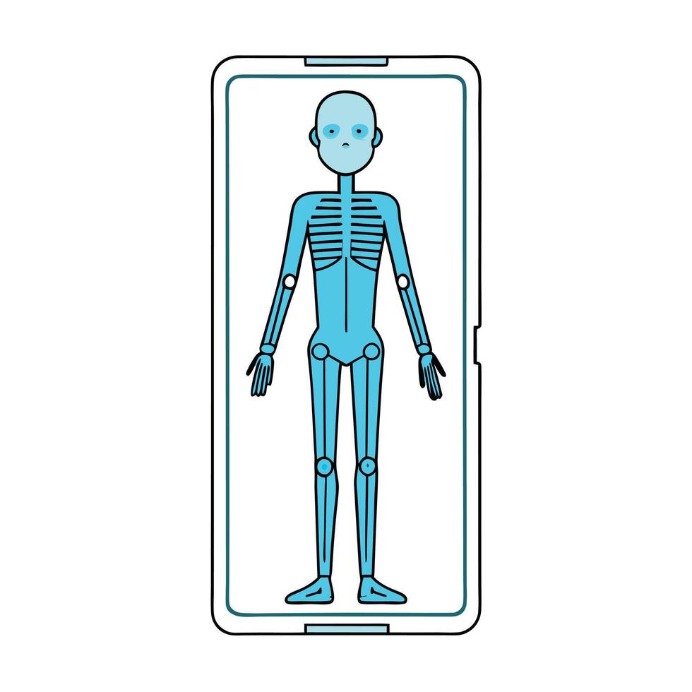 A blue skeleton is standing in front of a phone vector
