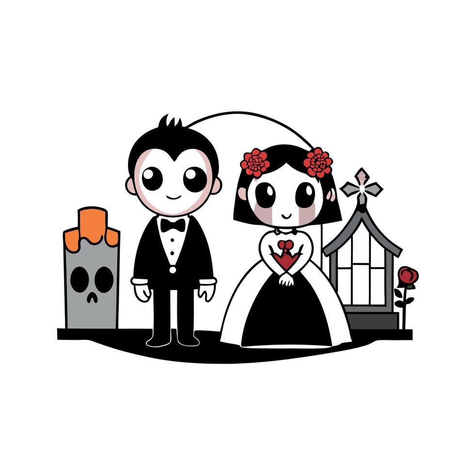 A cartoon couple in wedding attire standing in front of a graveyard vector