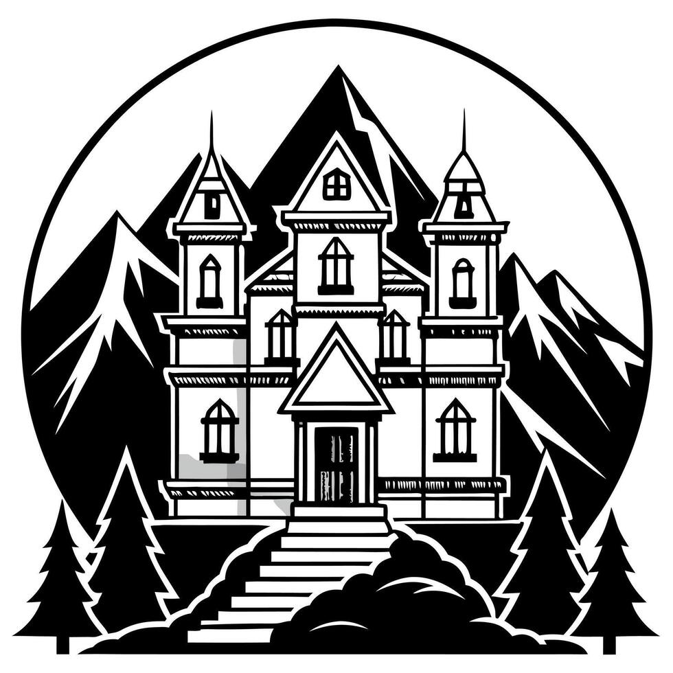 A black and white illustration of a castle in the mountains vector