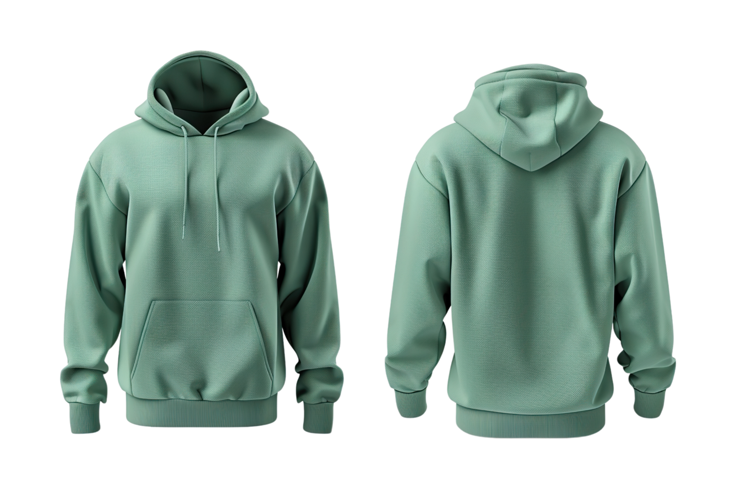 Green hooded sweatshirt mock-up, front and back views on transparent background. png