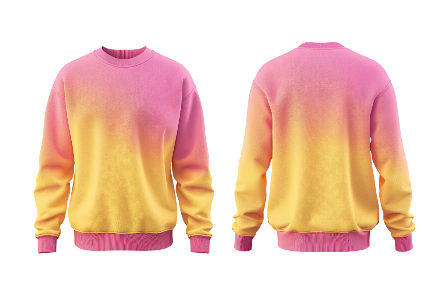 Pink and yellow gradient sweatshirt mock-up, front and back view on a transparent background. png