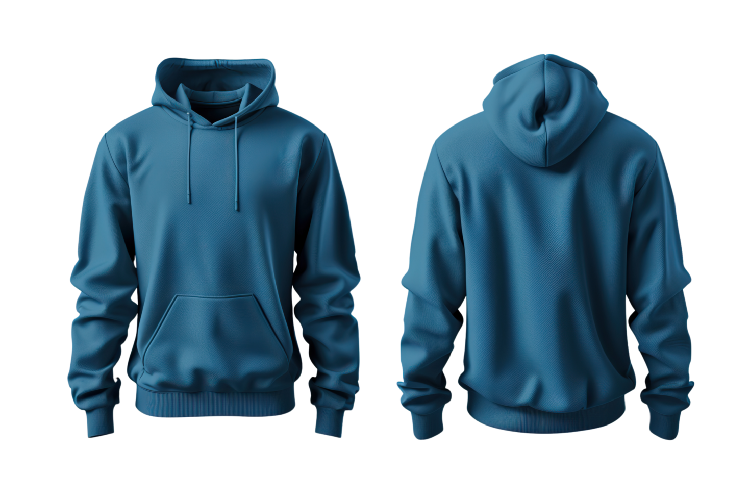 Blue hoodie mock-up, front and back view on transparent background. png