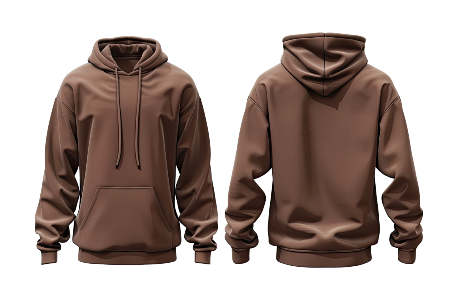 Brown hoodie mock-up, front and back view on transparent background. png