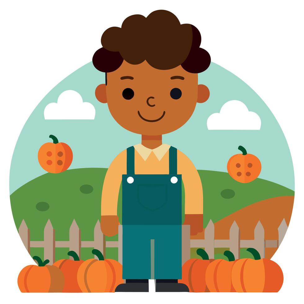 A boy standing in a pumpkin patch vector