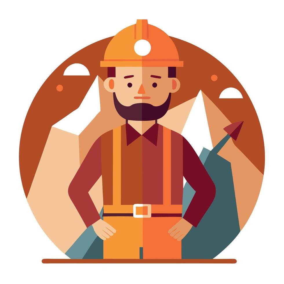 A man in a hard hat and overalls standing in front of mountains vector