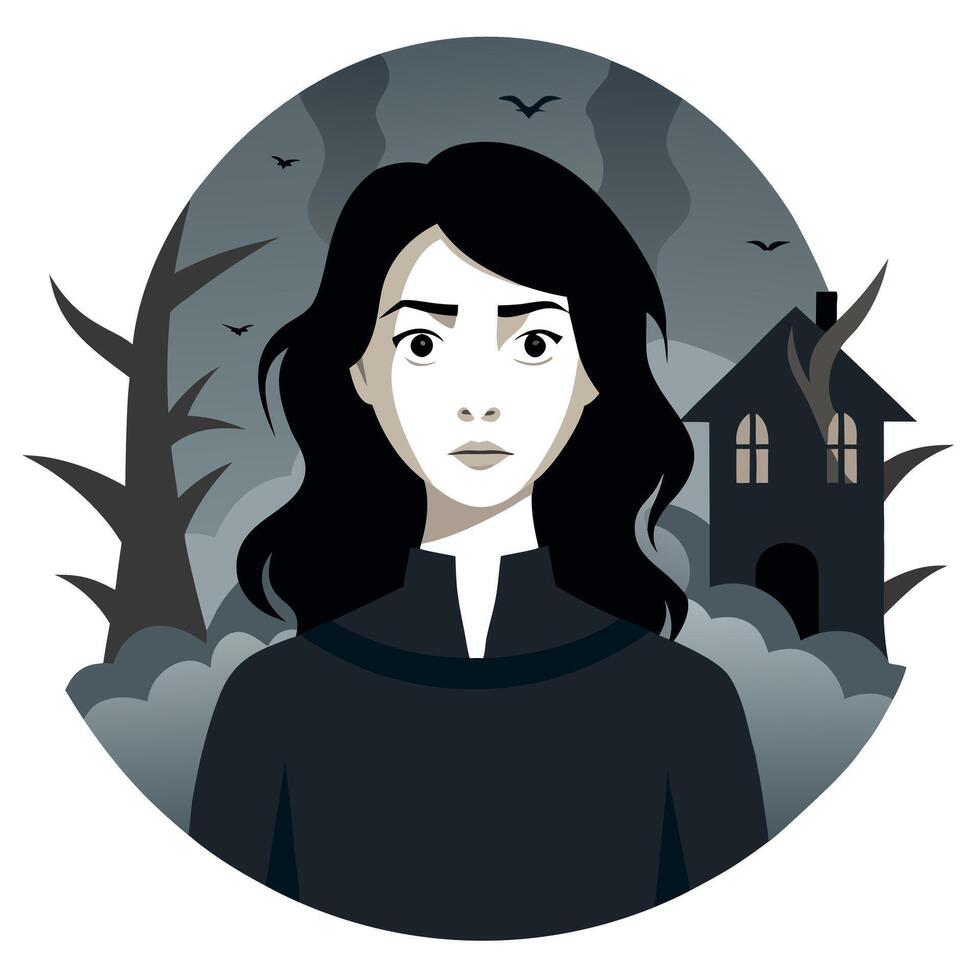 A woman in a black dress with a house in the background vector