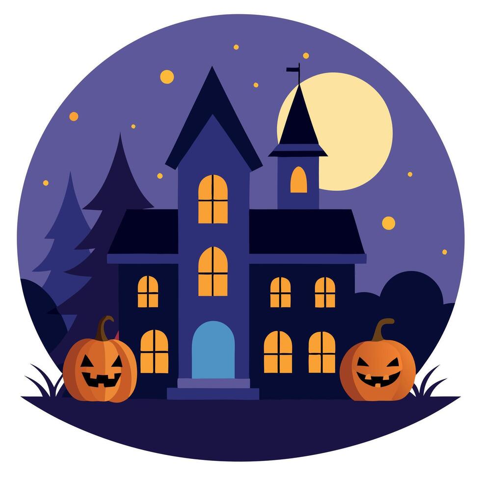 Halloween house with pumpkins and moon on background vector