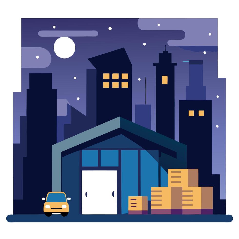 An illustration of a warehouse with boxes and a car vector