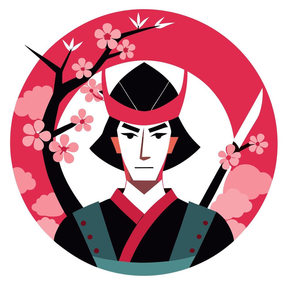 A cartoon samurai with a red hat and a cherry blossom tree vector