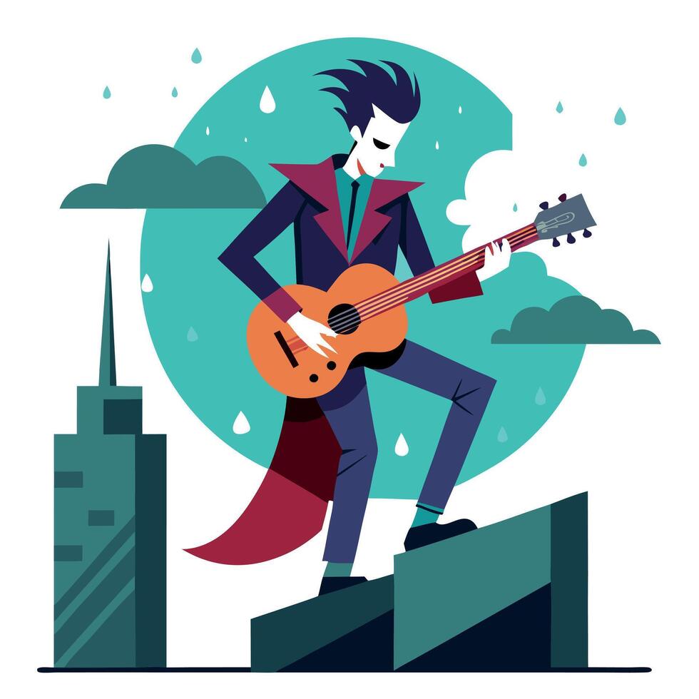 A cartoon joker playing guitar in the rain vector
