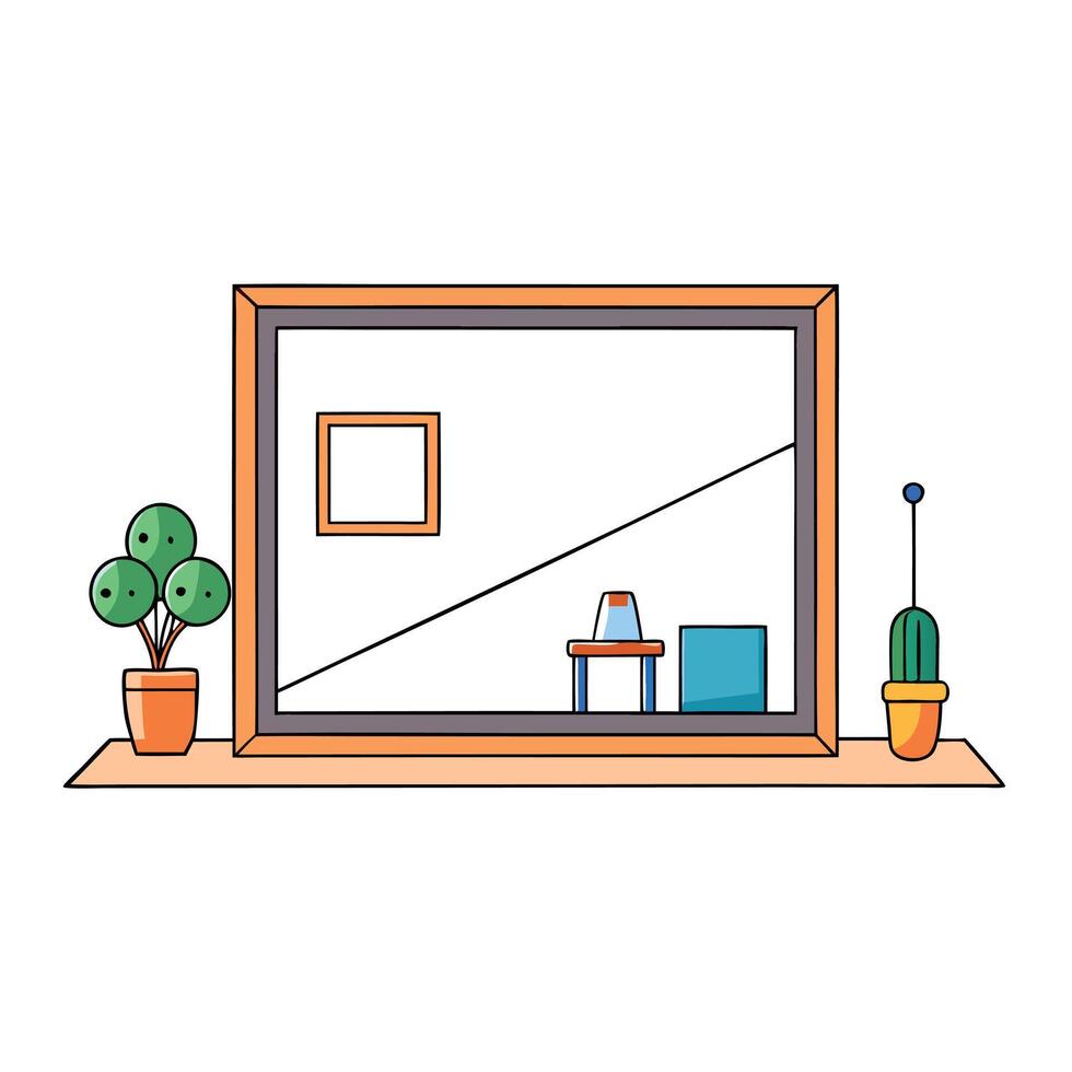 A window with a picture frame and a plant vector