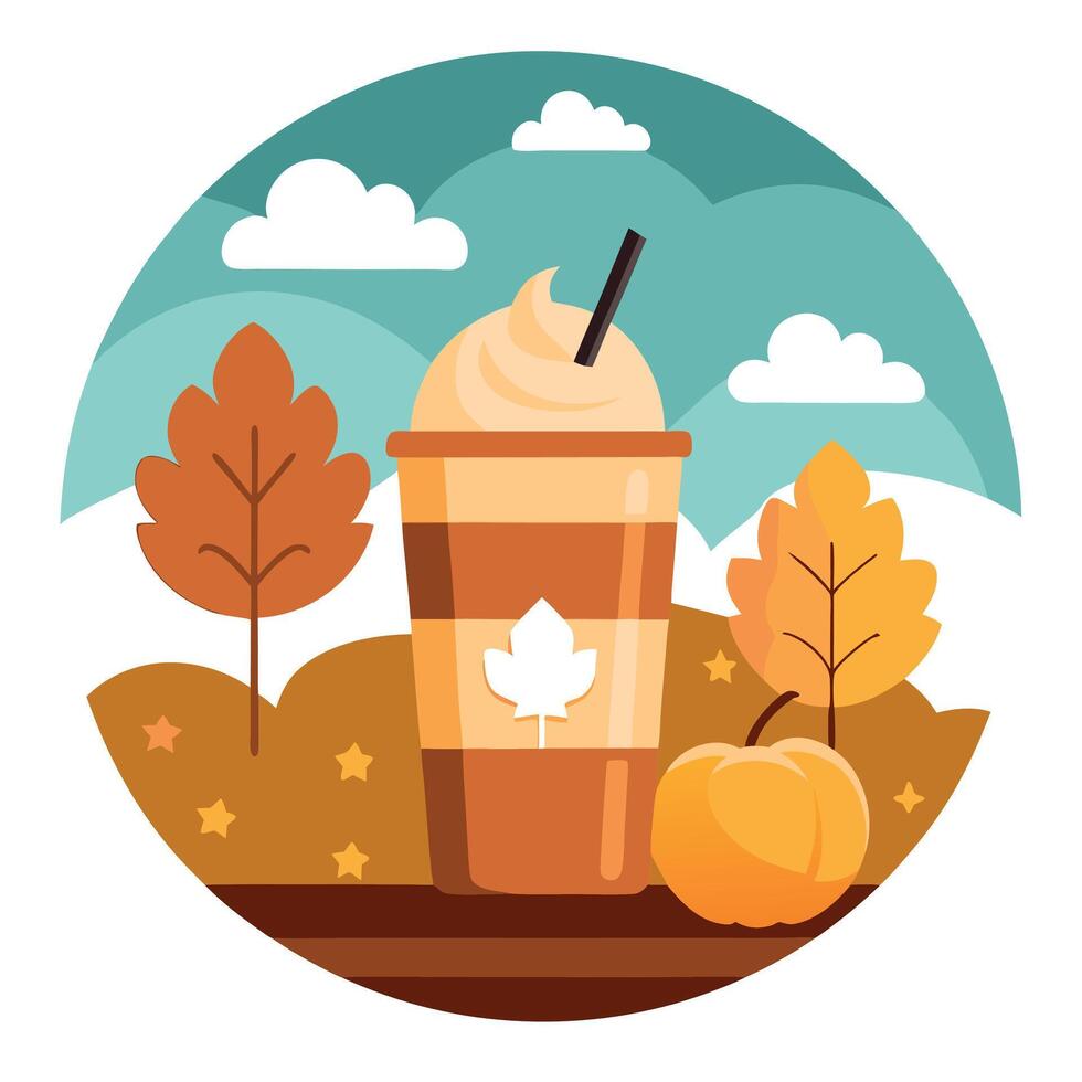 An autumn cup of coffee with pumpkins and leaves vector