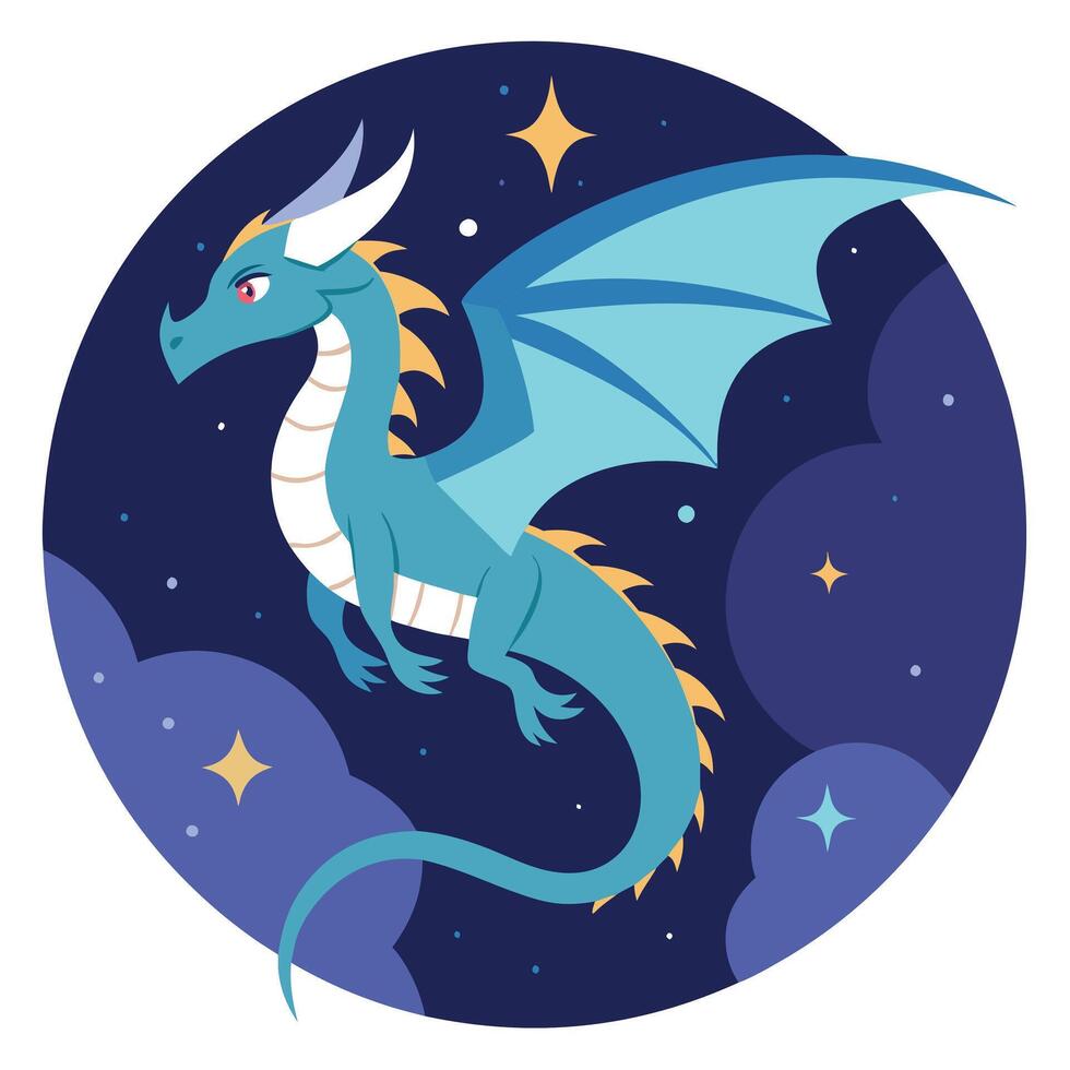 A cartoon blue dragon flying in the sky with stars vector