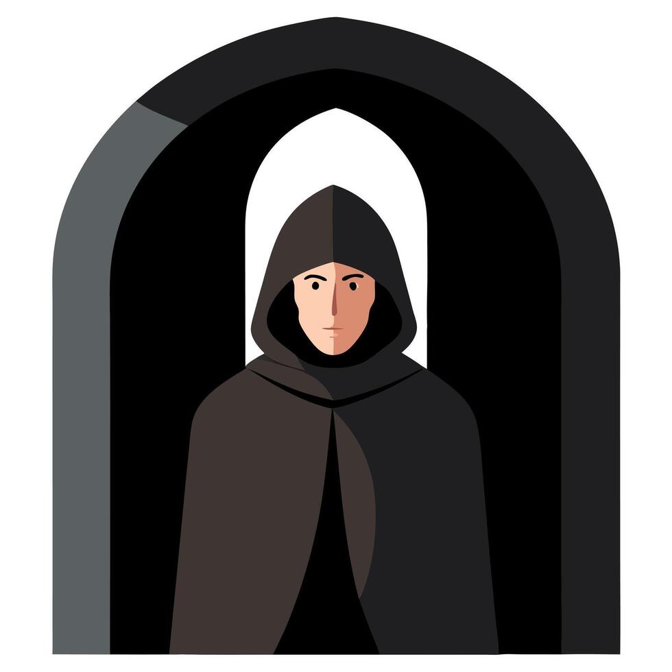A man in a hooded robe standing in front of a door vector