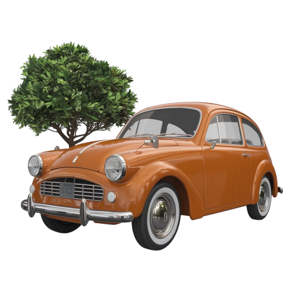 Classic orange car with tree in a vintage style png