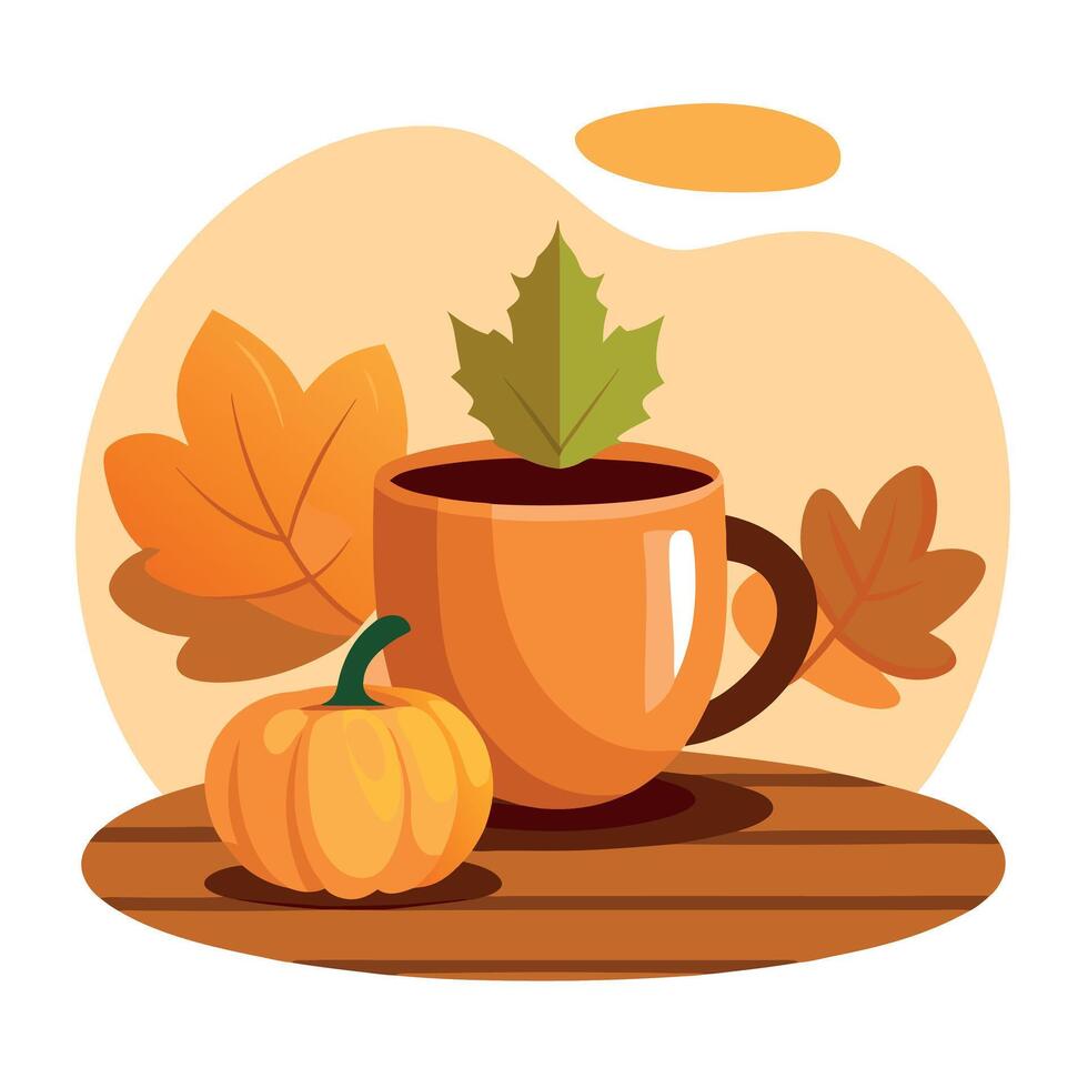 Autumn cup of coffee and pumpkin on wooden table with leaves vector
