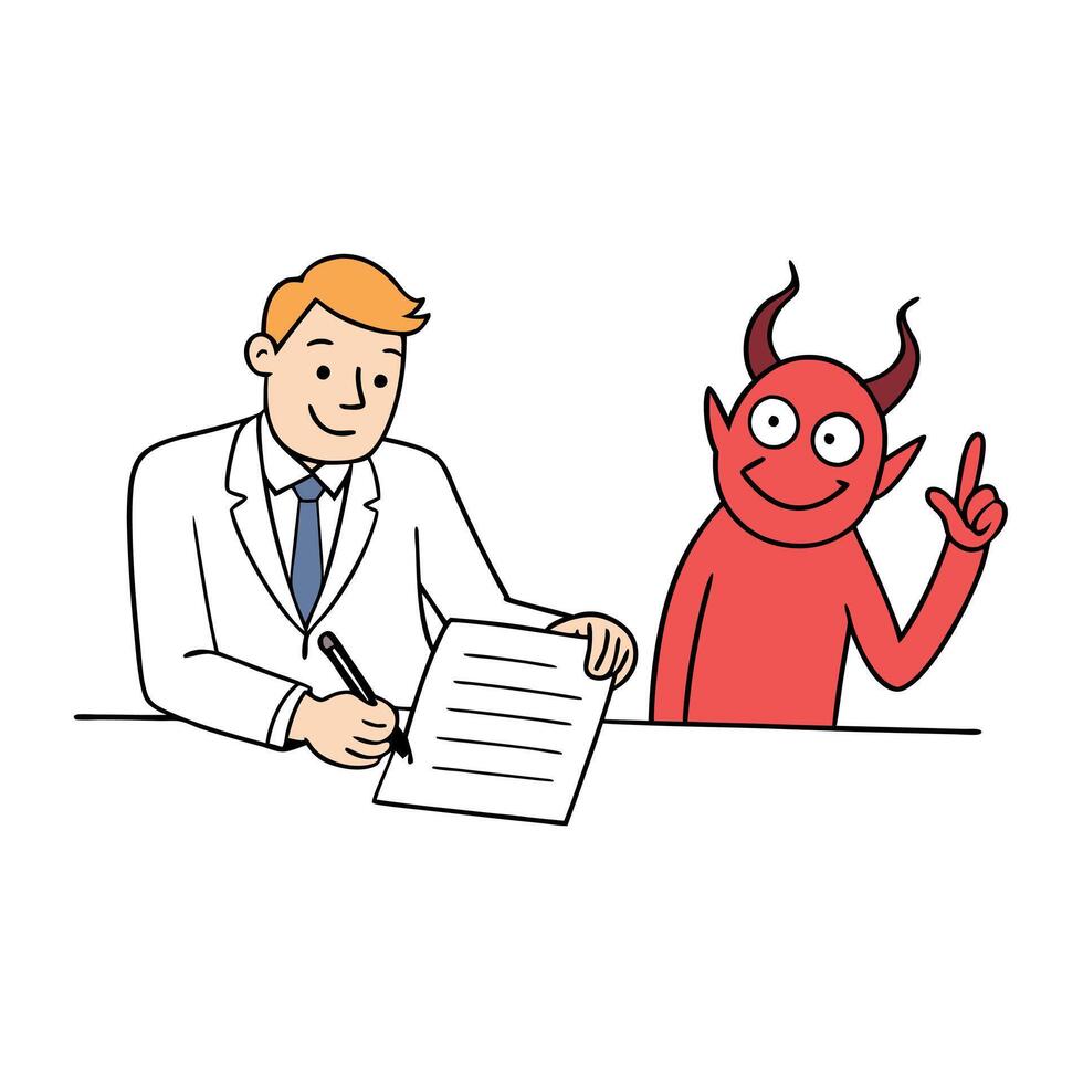 A doctor is signing a document with a devil vector