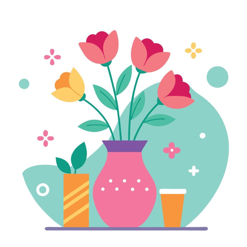 A vase with flowers and a glass of wine vector