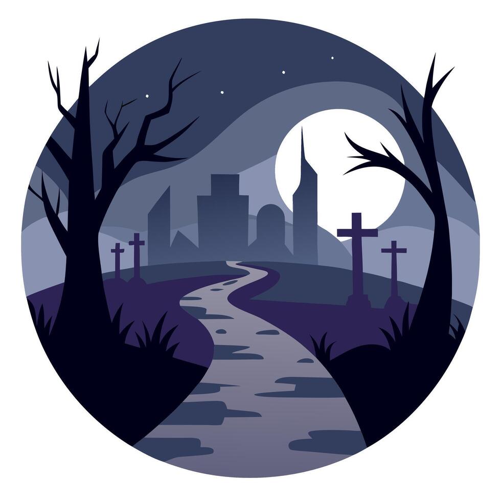 Halloween night scene with graveyard, cemetery and graveyard path illustration vector