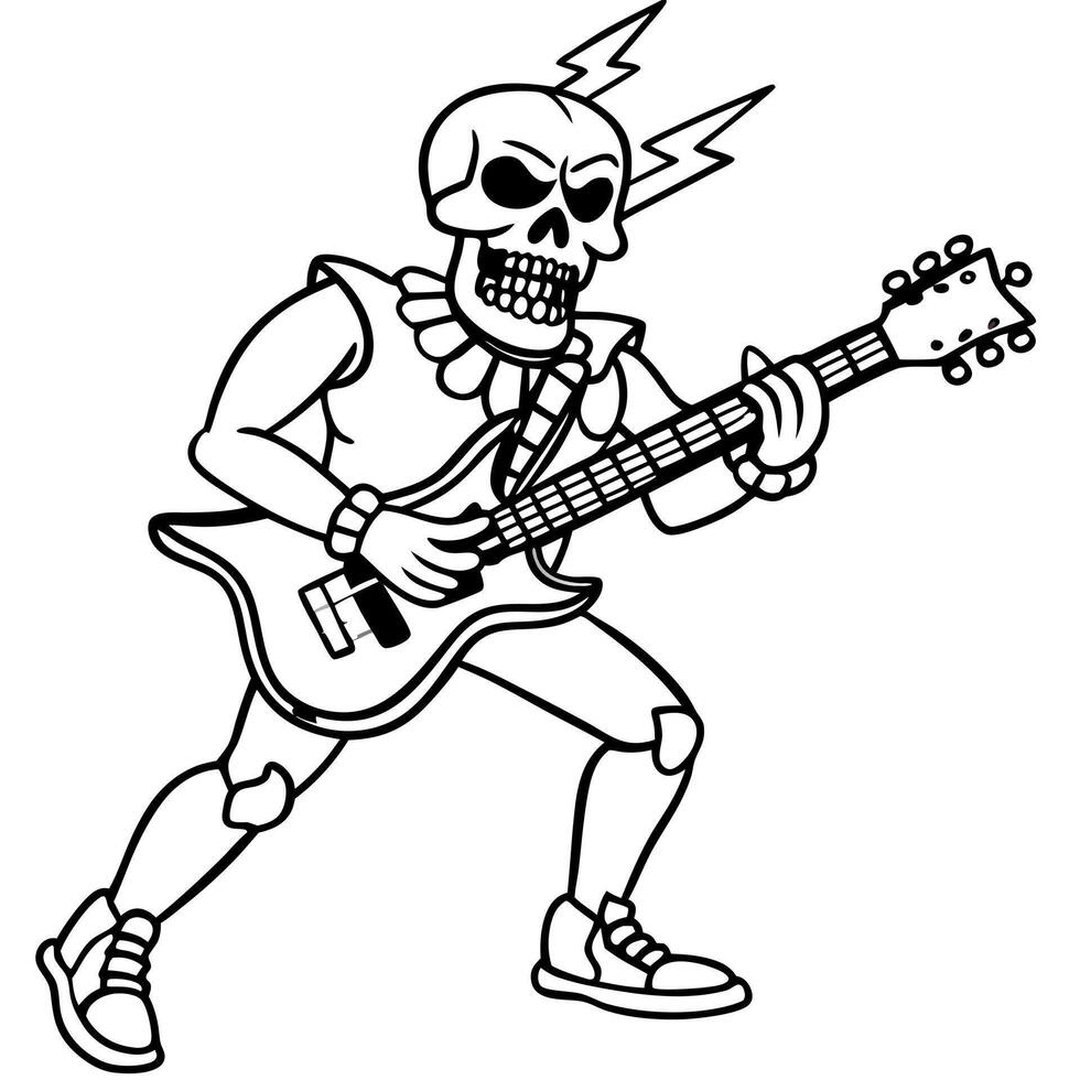 A skeleton playing an electric guitar coloring page vector