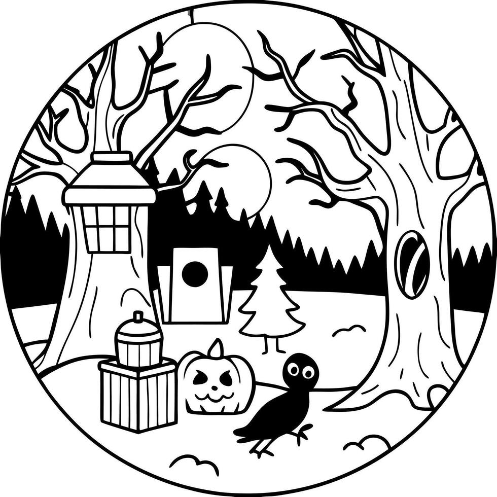 A black and white coloring page with a tree and a bird vector