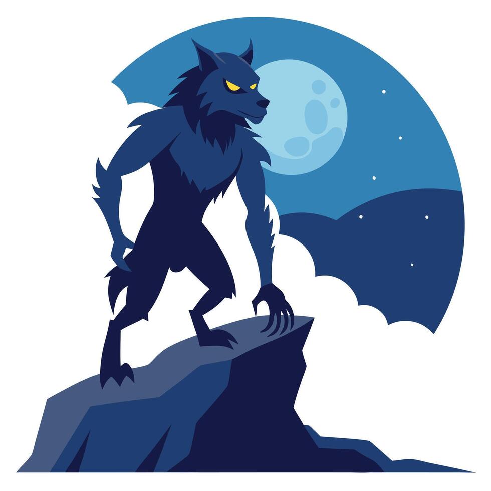 Werewolf standing on the cliff at night illustration vector