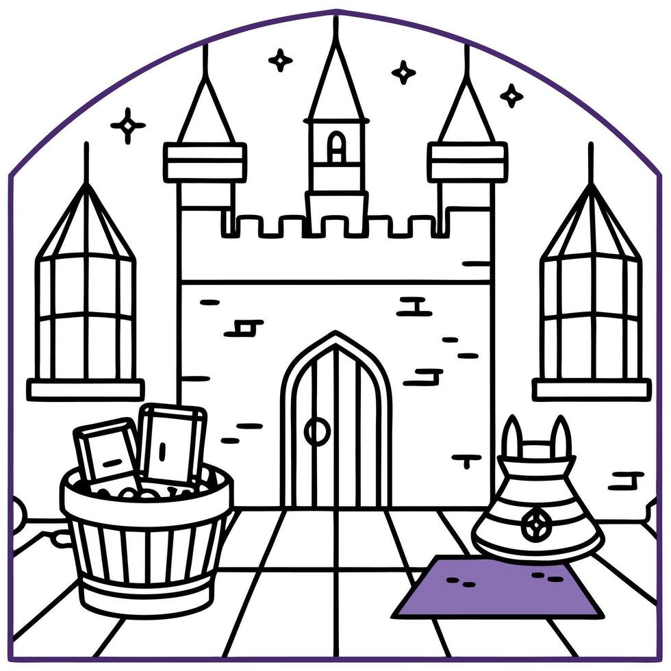 A coloring page with a castle and a basket vector