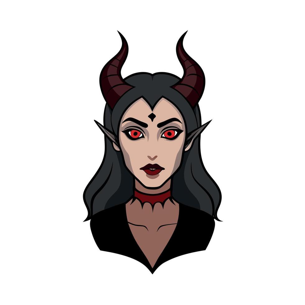 A cartoon devil woman with horns and red eyes vector