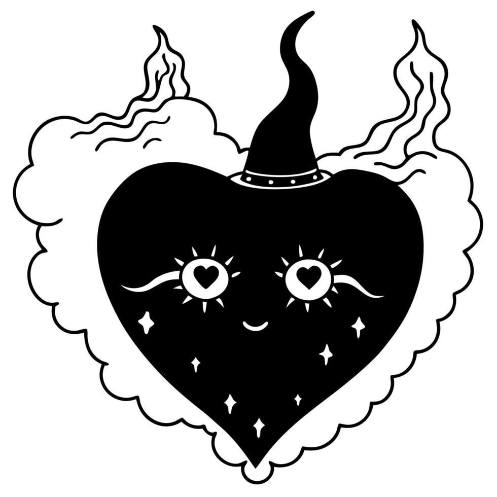A black and white drawing of a heart with a witch hat vector