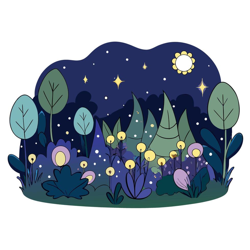 Night forest with flowers and trees illustration vector