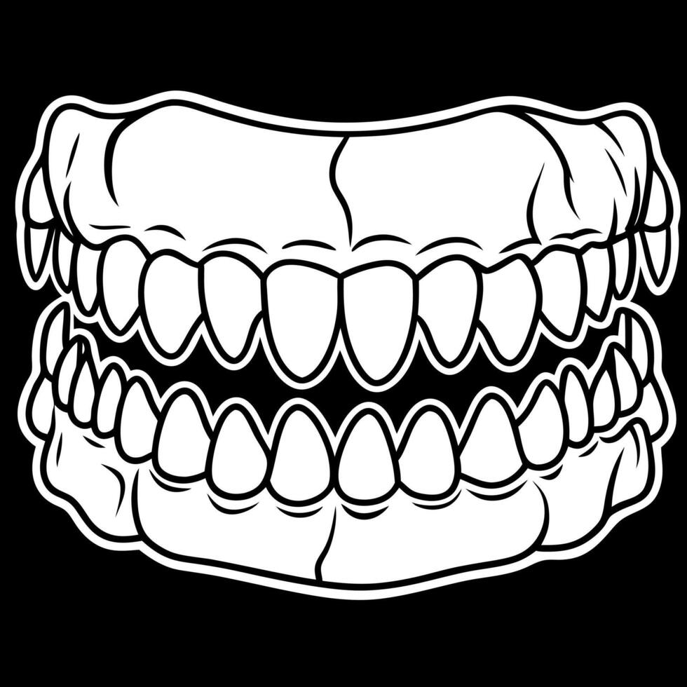 A black and white drawing of a mouth with teeth vector