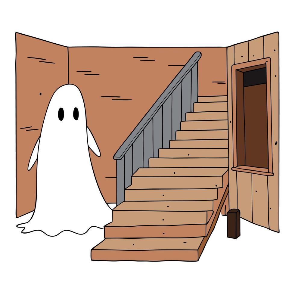 A cartoon ghost standing in front of a wooden staircase vector