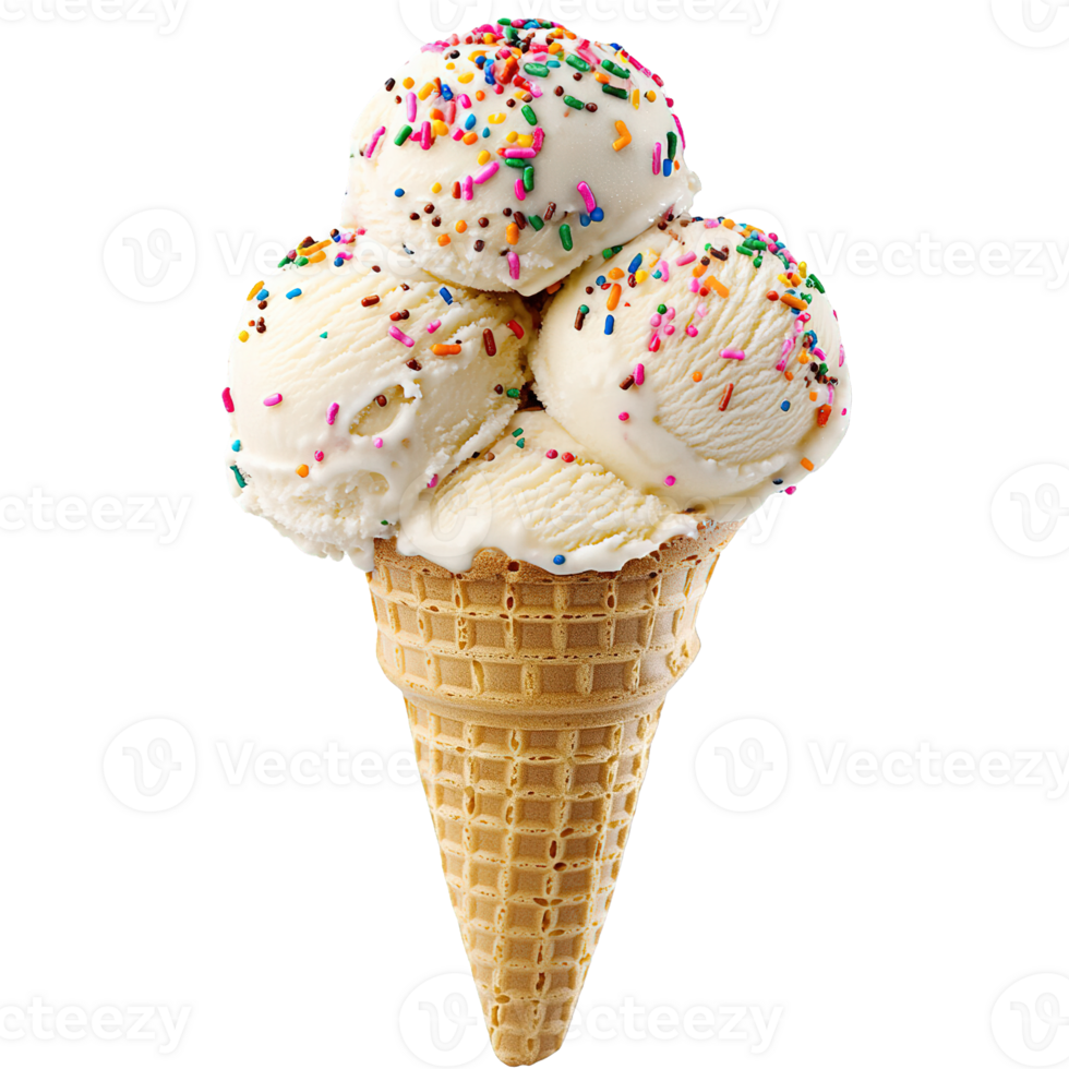 Delicious triple-scoop vanilla ice cream cone with colorful sprinkles png