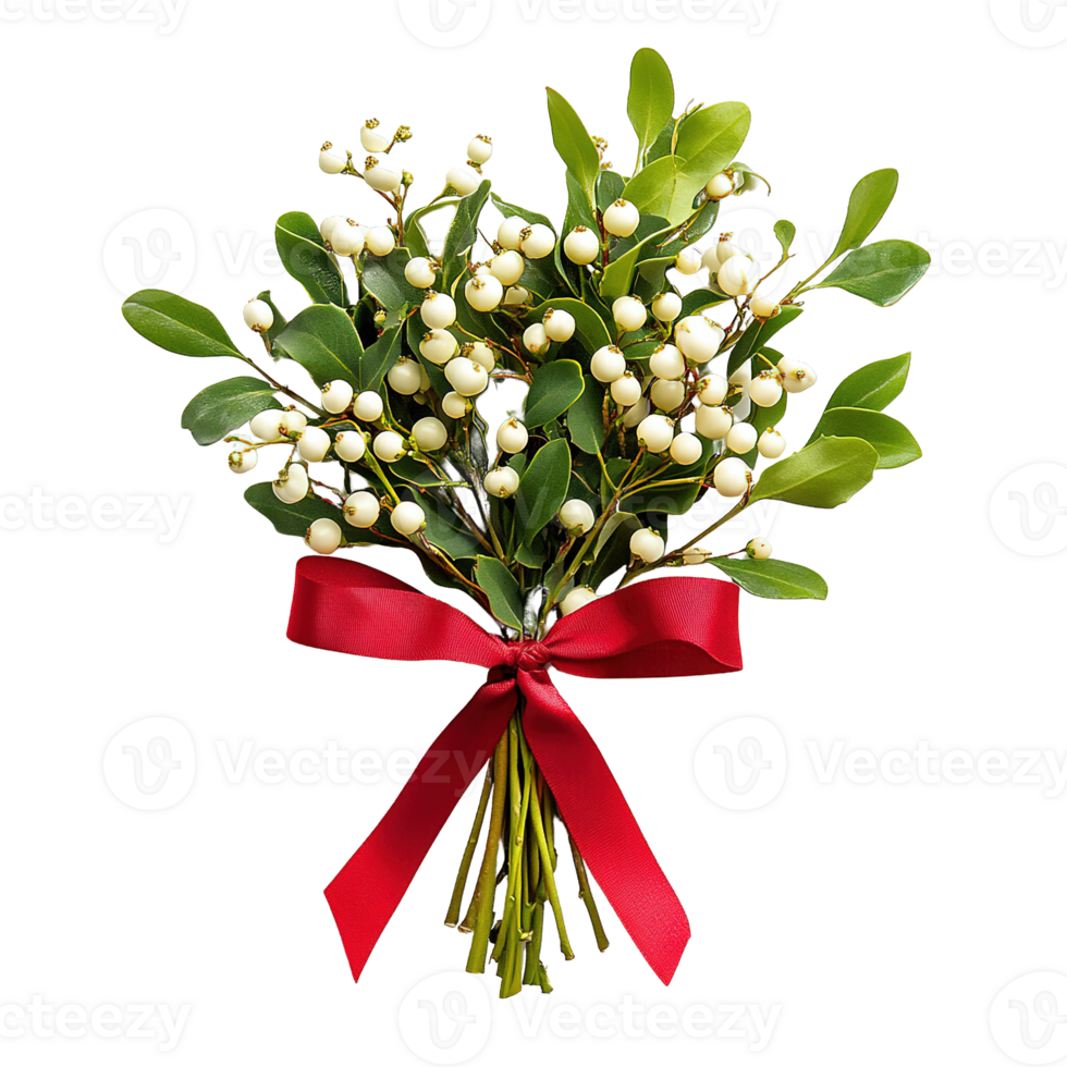 Festive mistletoe bouquet tied with a red ribbon isolated png