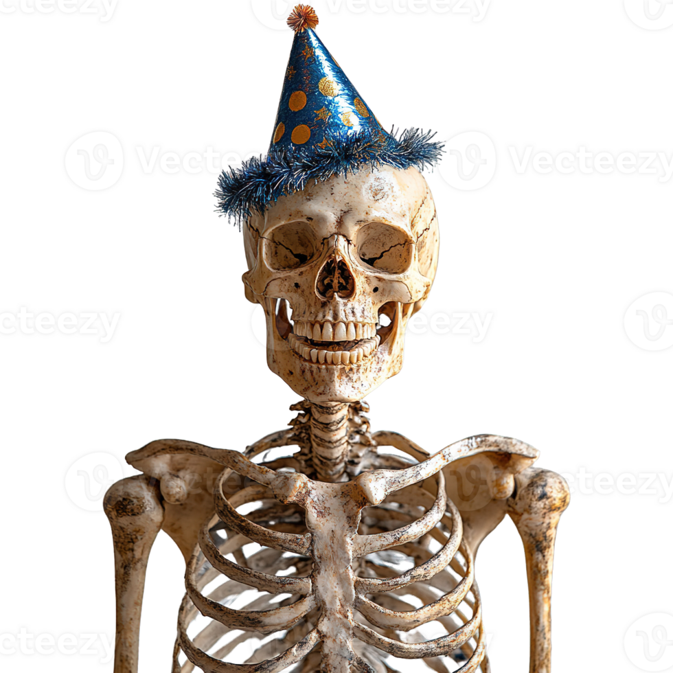 Playful skeleton in a party hat with tinsel decorations png